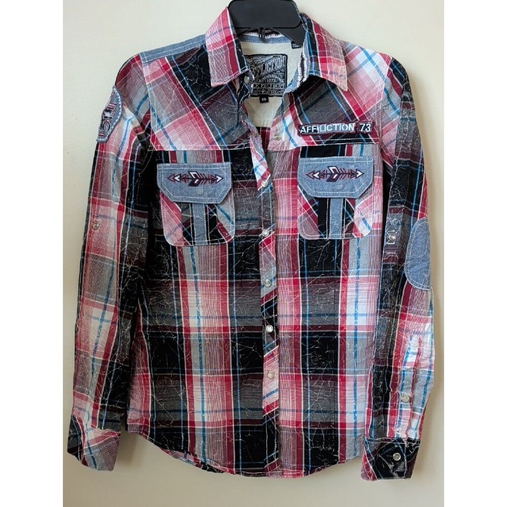 Affliction Plaid Pearl Snap Shirt XS | Red Black Blue Western Rock Boho